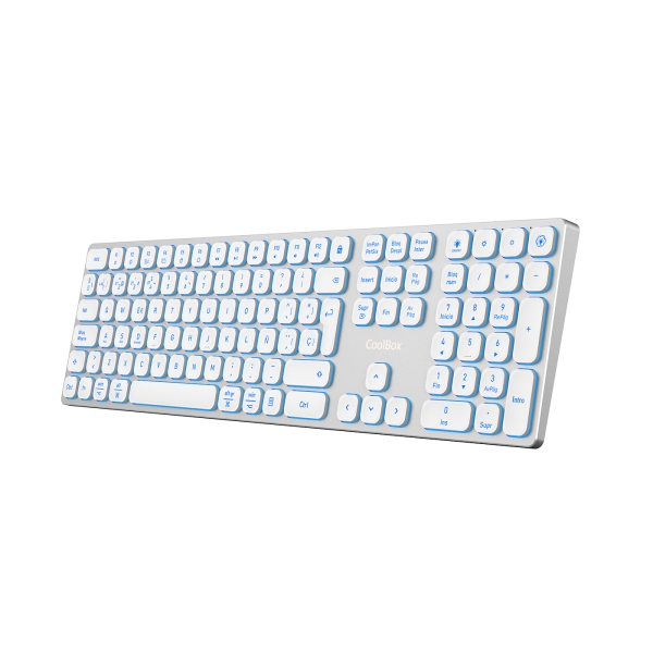 coolbox moonlight b431 teclado inalambrico rf 2.4g y bluetooth 5.1 teclas abs redondeadas silencioso retroiluminado con 7 colores bateria recargable color blanco