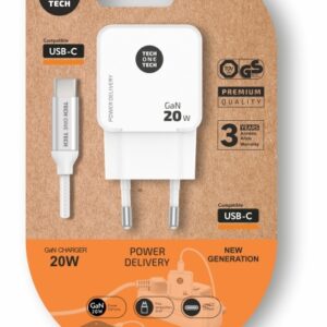 techonetech cargador de pared ultrarrápido gan 20w blanco + cable usb c