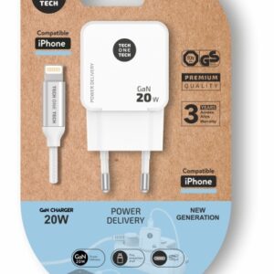 techonetech cargador de pared ultrarrápido gan 20w blanco + cable apple