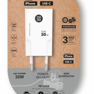 techonetech cargador doble de pared ultrarrápido gan 30w usb c+usb a blanco
