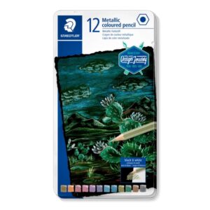 staedtler 146m caja metalica con 12 lapices de colores efecto metalico mina suave colores surtidos