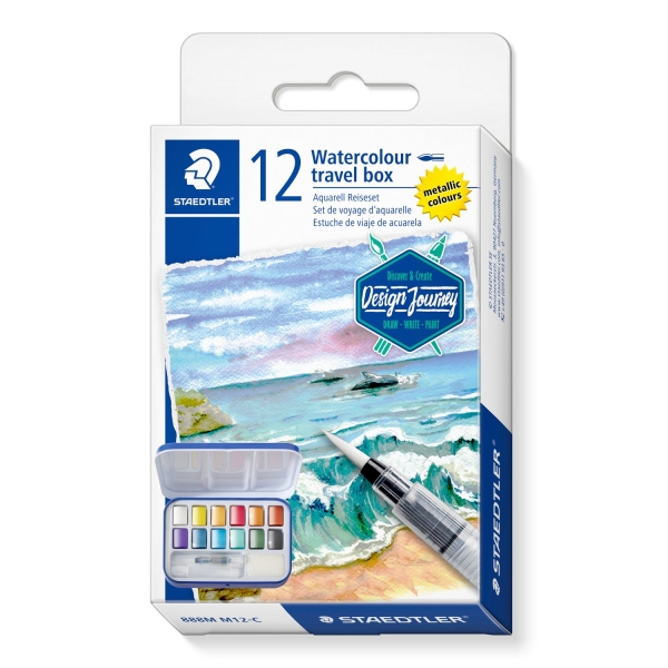 staedtler 888 design journey caja metalica con 12 pastillas de acuarela tonos metalicos + pincel de agua m + esponja tapa con paleta para mezclar colores surtidos