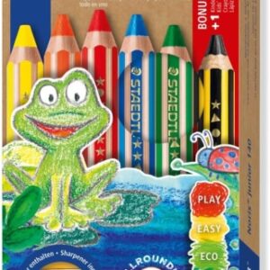 staedtler noris junior pack de 5 lapices de colores extragruesos + sacapuntas 3 en 1, lapiz, cera y acuarelable colores surtidos
