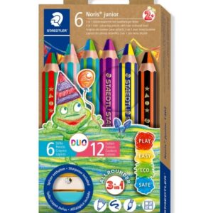 staedtler noris junior pack de 6 lapices de colores extragruesos duo + sacapuntas 3 en 1, lapiz, cera y acuarelable 2 colores en cada lapiz colores surtidos