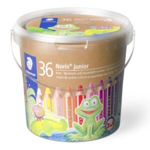 staedtler noris junior bote con 36 lapices de colores extragruesos + 3 sacapuntas + pincel 3 en 1, lapiz, cera y acuarelable colores surtidos
