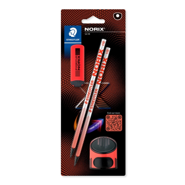 staedtler norix pack de 2 lapices de grafito hb + borrador + sacapuntas madera negra diseño inteligente