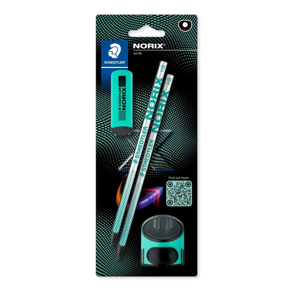 staedtler norix pack de 2 lapices de grafito hb + borrador + sacapuntas madera negra diseño inteligente
