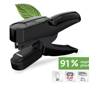 novus b 36fc re+new grapadora de tenaza hasta 20 hojas fabricada con un 91% de plastico reciclado grapado cerrado plano color negro