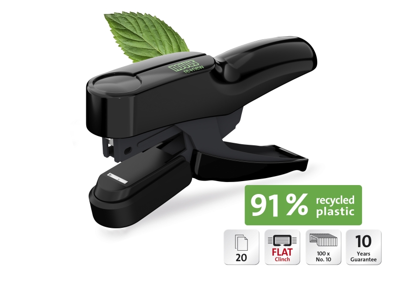 novus b 36fc re+new grapadora de tenaza hasta 20 hojas fabricada con un 91% de plastico reciclado grapado cerrado plano color negro