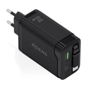aisens cargador gan 65w 1xusb c pd3.0 y 1xusb a qc3.0 + cable usb c retractil color negro