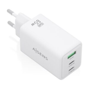 aisens cargador gan 65w 2xusb c pd3.0 qc4.0 y 1xusb a qc3.0 color blanco