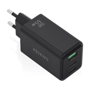 aisens cargador gan 65w 2xusb c pd3.0 qc4.0 y 1xusb a qc3.0 color negro