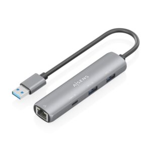 aisens asuc 4p035 gr adaptador de red usb 3.0 a ethernet gigabit + hub 1xusb c y 2xusb a 3.0 15cm color gris