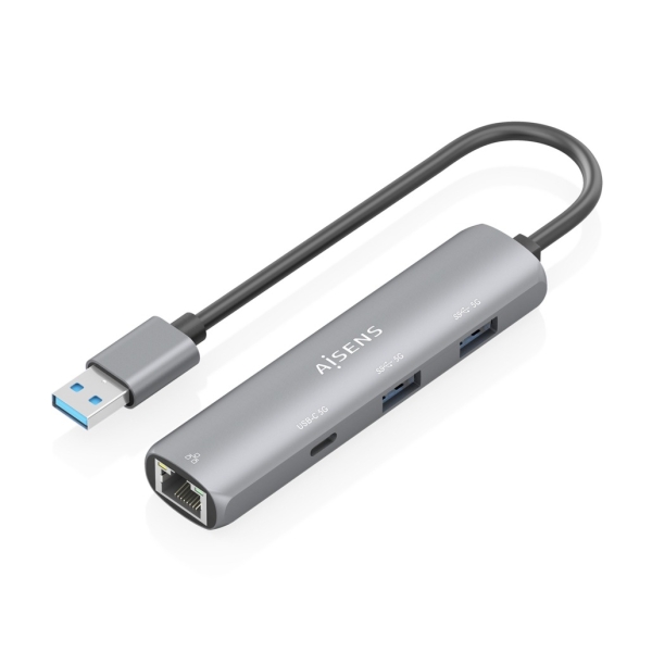 aisens asuc 4p035 gr adaptador de red usb 3.0 a ethernet gigabit + hub 1xusb c y 2xusb a 3.0 15cm color gris