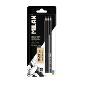 milan art pack de 3 lapices de carboncillo + goma the master gum color negro