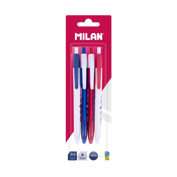 milan p1 nata® 624 pack con 4 boligrafos de bola retractiles punta redonda 1mm tinta color azul cuerpos de colores surtidos