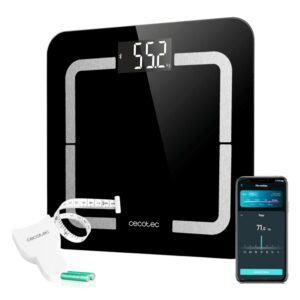 cecotec surface precision smart healthy bascula corporal hasta 180kg 4 sensores 10 parametros bluetooth cristal templado funcion bebe lcd patas antideslizantes 310x310mm color negro