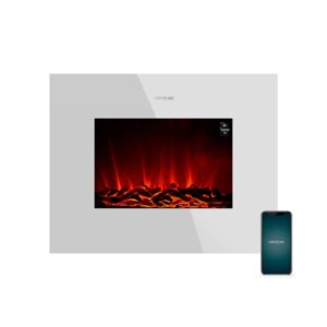 cecotec readywarm 2690 chimenea electrica de 26" 2000w control wi fi y app mando a distancia cristal templado plano llamas led temporizador semanal calienta hasta 25m2 color blanco