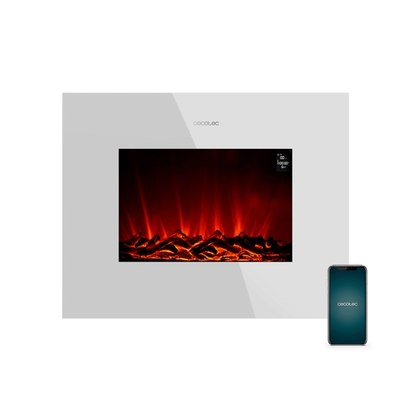 cecotec readywarm 2690 chimenea electrica de 26" 2000w control wi fi y app mando a distancia cristal templado plano llamas led temporizador semanal calienta hasta 25m2 color blanco