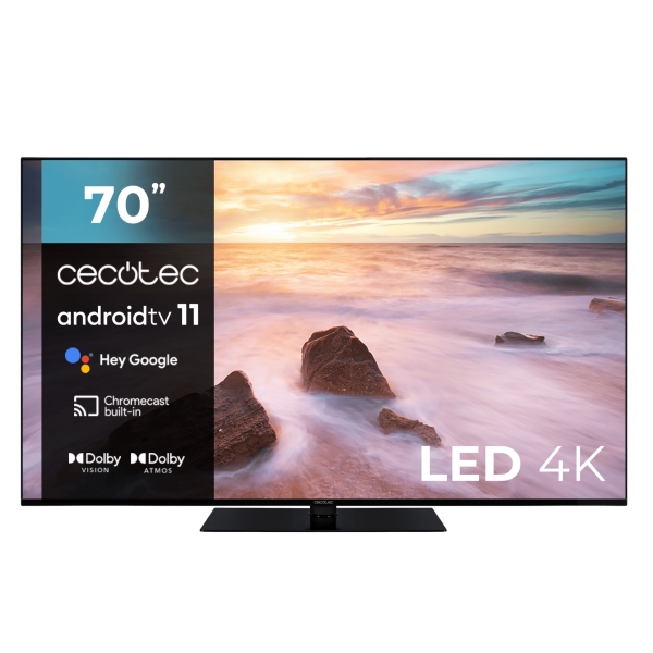 cecotec a2 series alu20070zs televisor smart tv sin marco de 70" led con resolucion 4k uhd android tv 11 chromecast integrado dolby vision y atmos hdmi 2.1 48gb peana central color negro