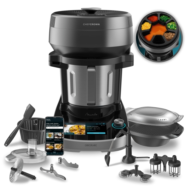 cecotec mambo cooking unique robot de cocina con dispensador de alimentos 2200w multifuncion funciones y recetas guiadas jarra unique de 4.5l pantalla tactil de 7' color negro