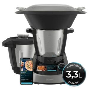 cecotec mambo touch robot de cocina 1600w pantalla tactil tft 5" app con recetas guiadas jarra de acero inoxidable capacidad 3.3l jarra cerramica antiadherente 40x25x33cm color negro