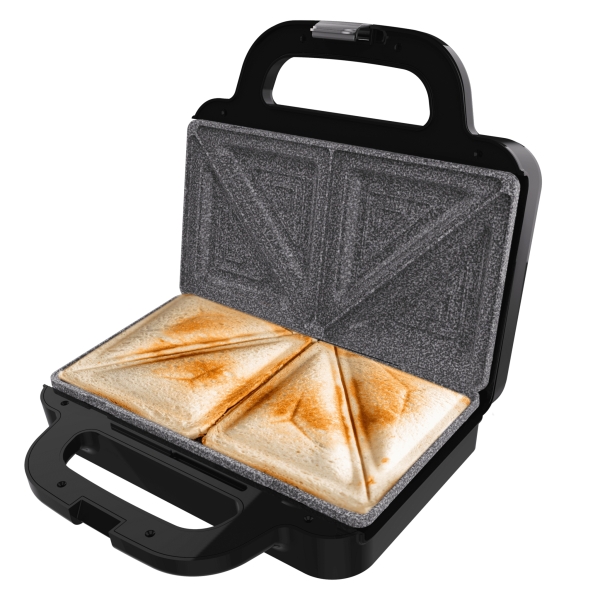 cecotec rock'ntoast deep classic sandwichera 1000w capacidad para 2 sandwiches placas triangulares antiadherente acero inoxidable indicador luminoso base antideslizante color negro
