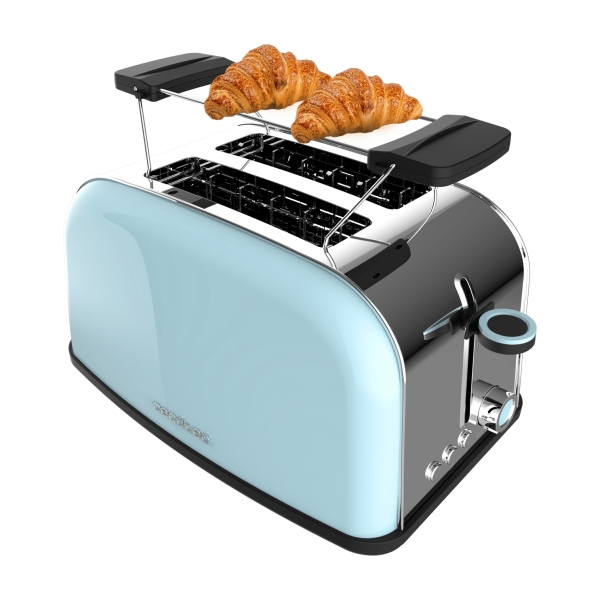 cecotec toastin' time 850 tostadora de doble ranura 850w ranura ancha acero inoxidable autocentrado bandeja recogemigas extraible color azul claro