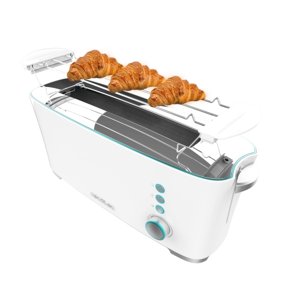 cecotec toast and taste extraw tostadora de ranura larga 1000w ranura xl extra ancha calienta panecillos funciones descongelar y recalentar funcion de extra elevacion 7 niveles color blanco