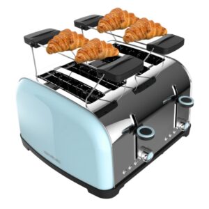 cecotec toastin' time 1700 double tostadora de 4 ranuras 1700w ranura ancha acero inoxidable calienta panecillos funciones recalentar y descongelar 7 niveles de tostado color azul claro