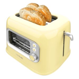 cecotec retrovision tostadora de doble ranura extra ancha 700w ventana de cristal estilo retro cubierta antipolvo apagado y pop up automatico 5 niveles de tostado color amarillo pastel