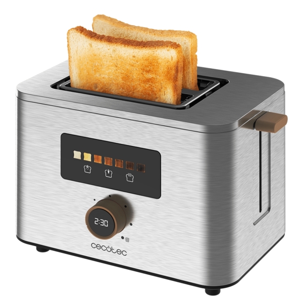 cecotec touchandtoast double tostadora de doble ranura ancha 950w control tactil y pantalla a color autocentrado 7 niveles de tostado apagado y pop up automatico acero inoxidable