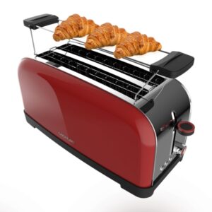 cecotec toastin' time 1500 tostadora de doble ranura larga 1500w capacidad para 4 rebanadas ranura ancha bandeja recogemigas acabado en acero inoxidable color rojo