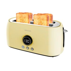 cecotec classictoast 15000 tostadora de doble ranura larga 1500w capacidad para 4 rebanadas ranura ancha 3 funciones extra elevacion autocentrado bandeja recogemigas color amarillo pastel