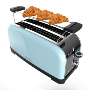 cecotec toastin' time 1500 tostadora de doble ranura larga 1500w capacidad para 4 rebanadas ranura ancha bandeja recogemigas 7 niveles acabado en acero inoxidable color azul claro