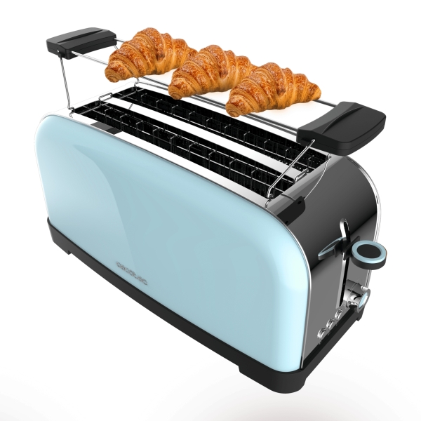 cecotec toastin' time 1500 tostadora de doble ranura larga 1500w capacidad para 4 rebanadas ranura ancha bandeja recogemigas 7 niveles acabado en acero inoxidable color azul claro