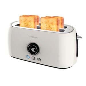 cecotec classictoast 15000 tostadora de doble ranura larga 1500w pantalla digital ranura ancha 3 funciones 6 niveles extra elevacion autocentrado bandeja recogemigas color blanco