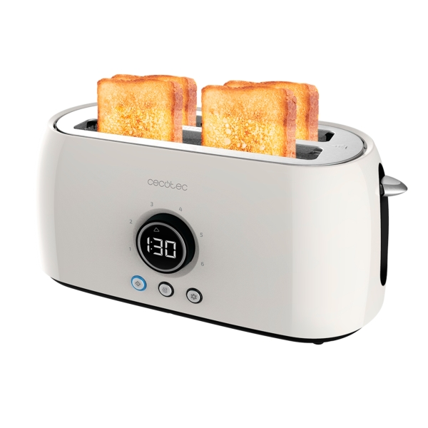 cecotec classictoast 15000 tostadora de doble ranura larga 1500w pantalla digital ranura ancha 3 funciones 6 niveles extra elevacion autocentrado bandeja recogemigas color blanco