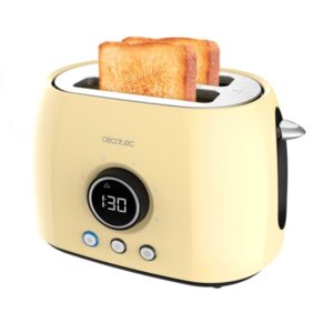 cecotec classictoast 8000 tostadora de doble ranura 800w pantalla digital ranura ancha 3 funciones calienta panecillos 6 niveles extra elevacion autocentrado color amarillo pastel