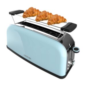 cecotec toastin' time 850 tostadora de ranura larga 850w ranura ancha calienta panecillos autocentrado bandeja recogemigas 7 niveles de tostado color azul claro