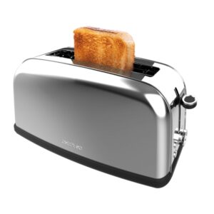 cecotec toastin' time 850 tostadora de ranura larga 850w ranura ancha hasta 3.8cm 7 niveles de tostado sistema de autocentrado bandeja recogemigas extraible acero inoxidable