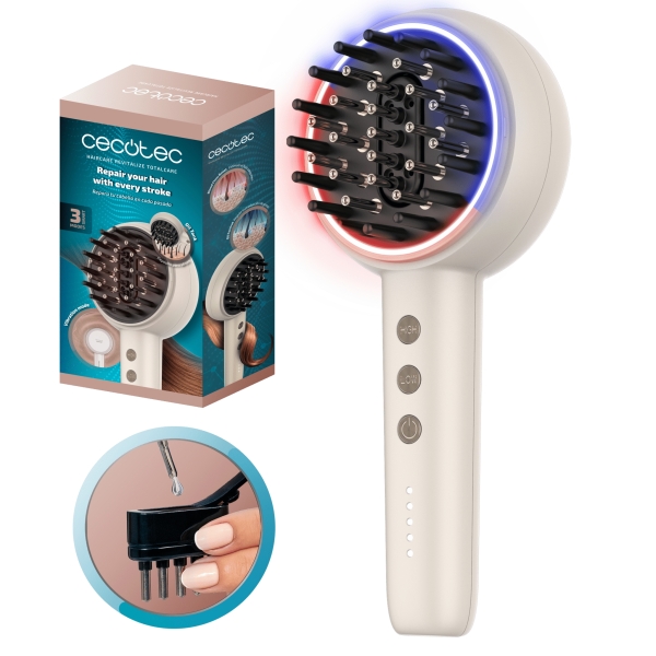 cecotec haircare revitalize totalcare cepillo reparador de cabello estimula foliculos pilosos luz led aplicador de serum integrado 5 niveles de intensidad ajustables color blanco