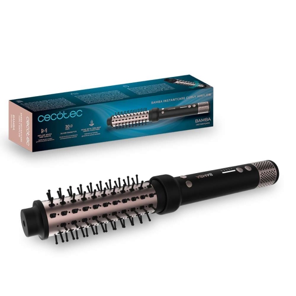 cecotec bamba instantcare curly airflow cepillo alisador 2 en 1 150w cilindro ceramico de 30mm cabezal giratorio cable 360º de 1.9m 2 ajustes de temperatura color negro