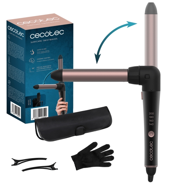 cecotec surfcare twistwaves rizador de 25mm codo de 90° guante termico y estuche ceramico temperatura de 140 a 200°c cable 360º kit completo con clips color negro y rosa