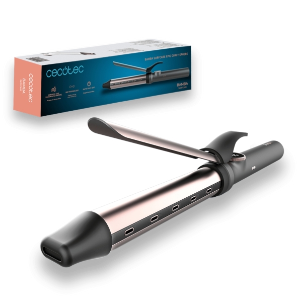 cecotec bamba surfcare epic curly sphere rizador de 32mm cilindro ceramica y turmalina iones negativos pantalla led de temperatura rango de 120 a 210°c cable 360º punta fria color gris