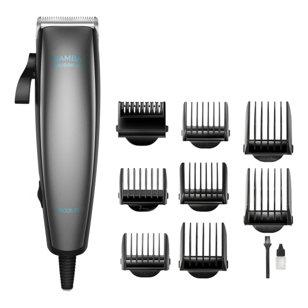 cecotec bamba precisioncare power blade titanium cortapelos con cable cuchillas de titanio uso en seco y humedo 9 peines guia palanca de ajuste regulable lubricante color gris
