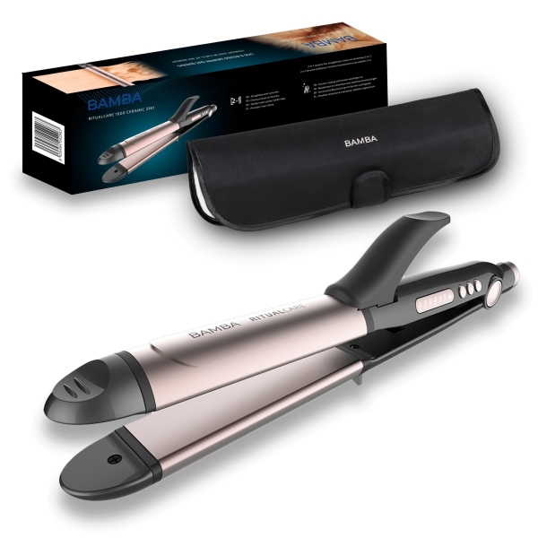 cecotec bamba ritualcare 1000 ceramic plancha de pelo 2 en 1 alisa y riza cabello temperatura de 120 a 220°c funcion autoapagado 60min estuche termico incluido color negro y rosa