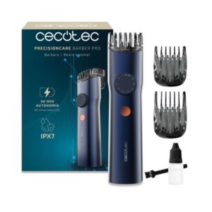 cecotec precisioncare barber pro recortadora para barba inalambrica autonomia 90min cuchillas de acero inoxidable peines ajustables rueda de ajuste ipx7 pantalla led color azul marino