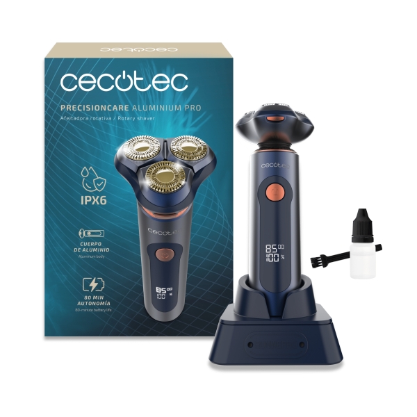 cecotec precisioncare pro afeitadora rotativa pantalla lcd cuchillas de titanio dobles autonomia 80min resistencia ipx6 base de carga color azul marino