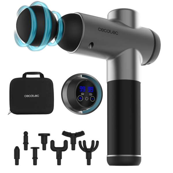 cecotec skincare massage full recovery pistola de masaje lcd intensidad ajustable relaja musculos y mejora circulacion 8 cabezales intercambiables 2h de autonomia color negro y gris
